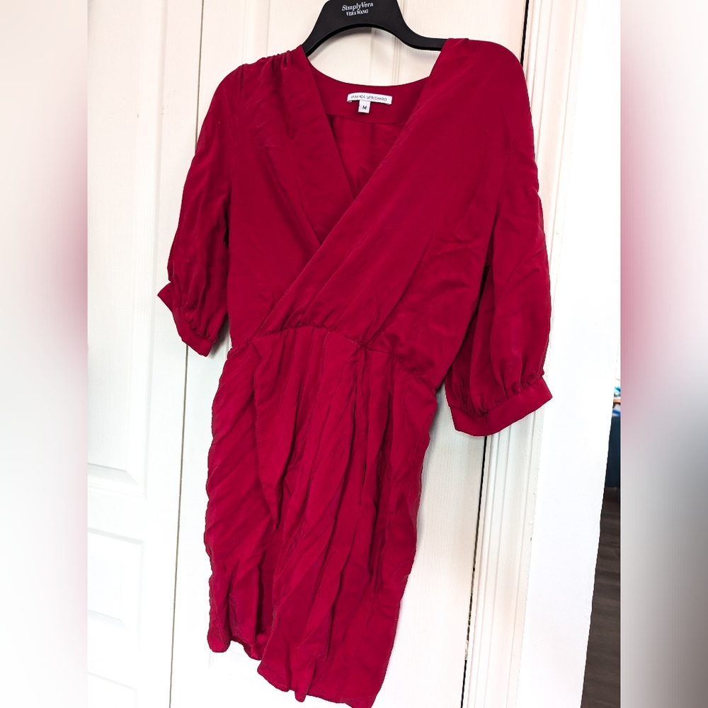 Amanda Uprichard Red Puff Sleeve Wrap Dress